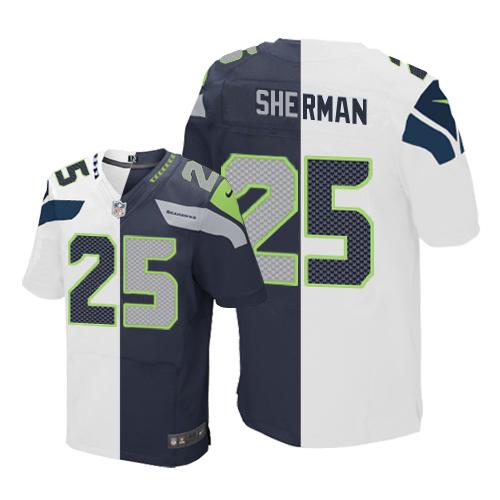 Nike Seahawks #25 Richard Sherman White/Steel Blue Men's Stitched NFL Elite Split Jersey - Click Image to Close